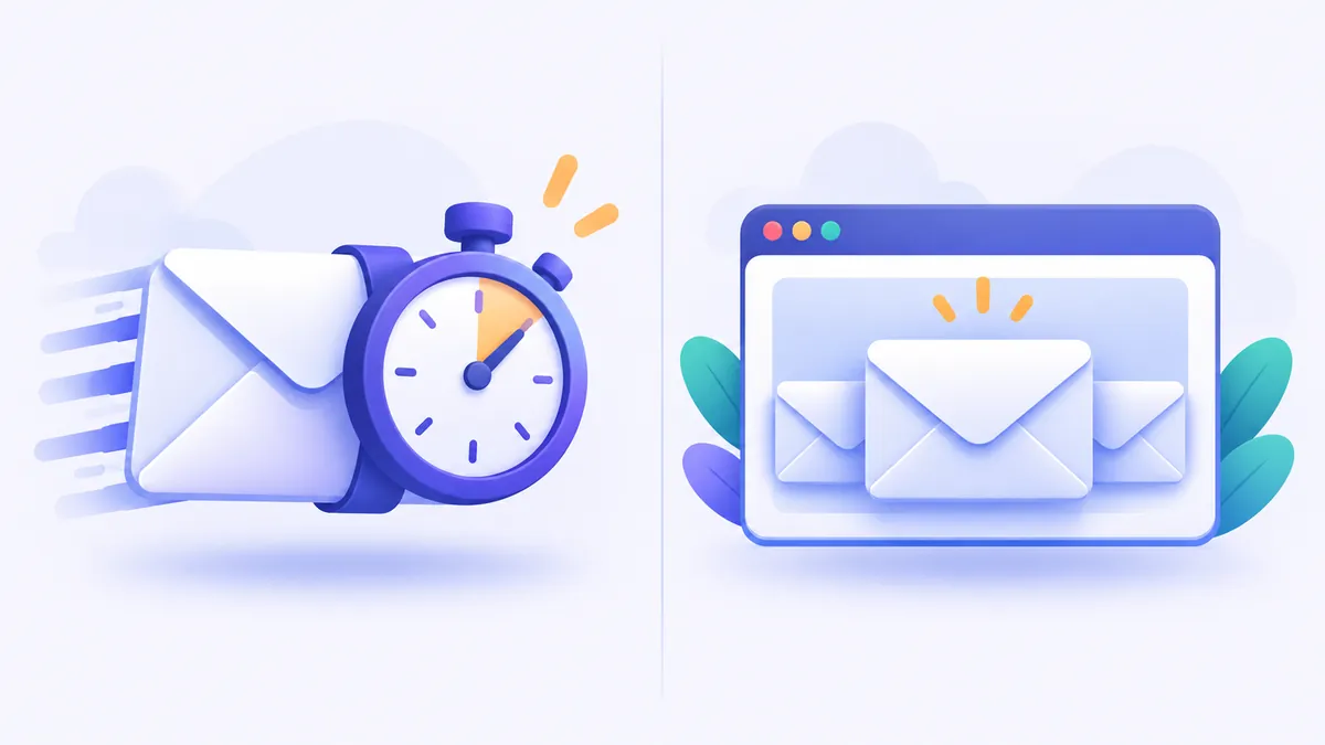 Illustrazione che confronta un cronometro da 10 minuti con una casella email temporanea flessibile su browser
