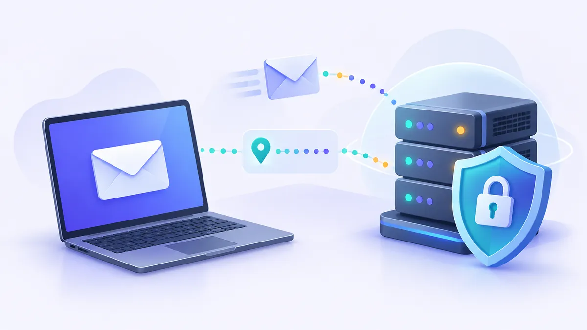 Illustration eines digitalen Fußabdrucks und einer E-Mail-Benutzeroberfläche zur Darstellung von Datenverfolgung