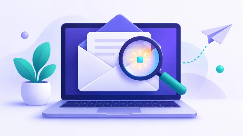 Illustration of an envelope with a glowing magnifying glass examining a tiny pixel on a digital screen
