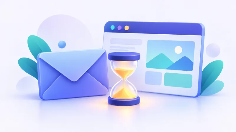 Illustration of an envelope with an hourglass and a browser window representing temporary email lifespan