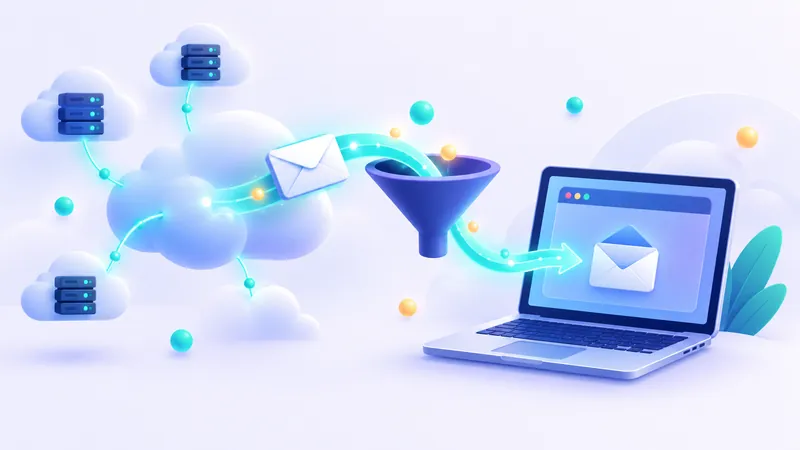 Diagram showing an email traveling through DNS servers to a catch-all temporary mailbox and appearing in a web browser