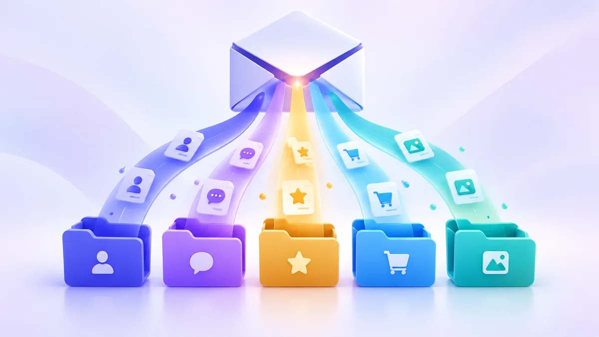 Illustration representing email filtering and alias routing into an organized mailbox