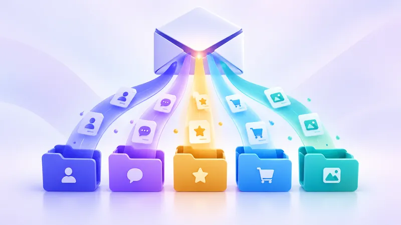 Illustration representing email filtering and alias routing into an organized mailbox
