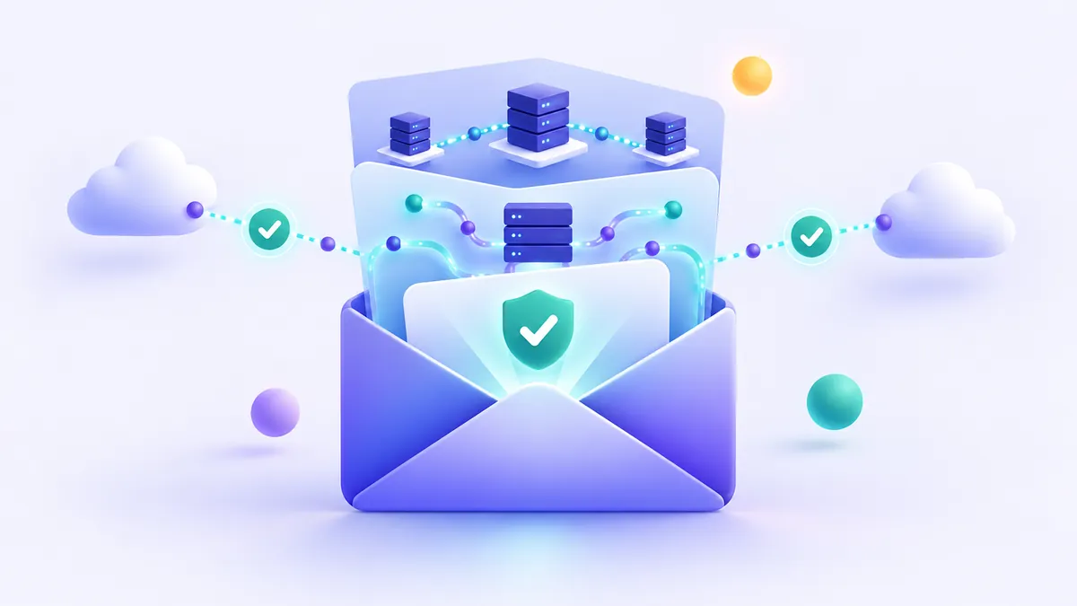 Schéma conceptuel illustrant l'analyse technique des en-têtes d'un email et la vérification de sécurité.