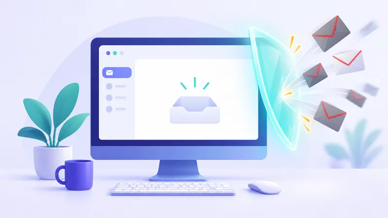 A clean, organized digital email inbox with a protective shield blocking spam envelopes.