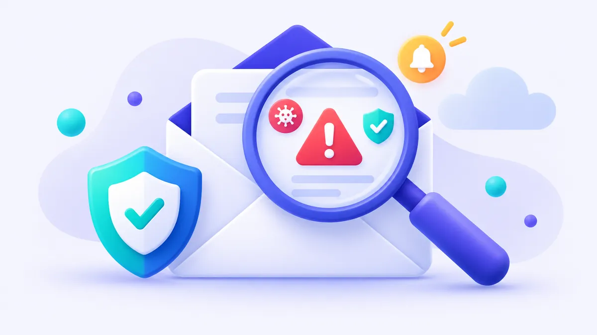Ilustrasi kaca pembesar yang memeriksa pesan mencurigakan dan tanda peringatan phishing di layar komputer