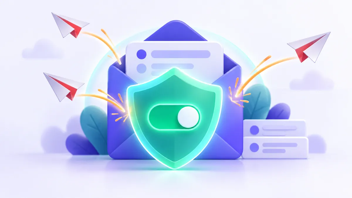 Illustration of an email inbox with a shield icon next to an unsubscribe button and spam emails being blocked