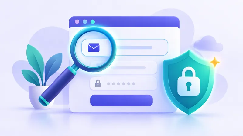Illustration of a website login screen scanning an email address domain with a magnifying glass and shield icon