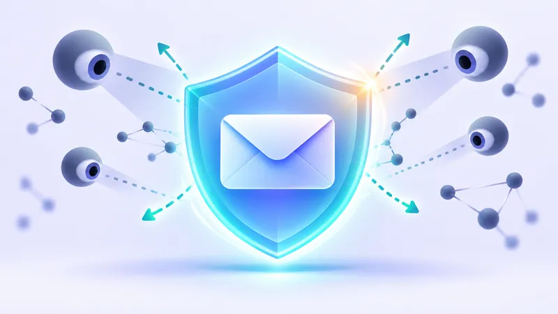 Illustration of a digital shield protecting an email envelope from tracking icons and magnifying glasses