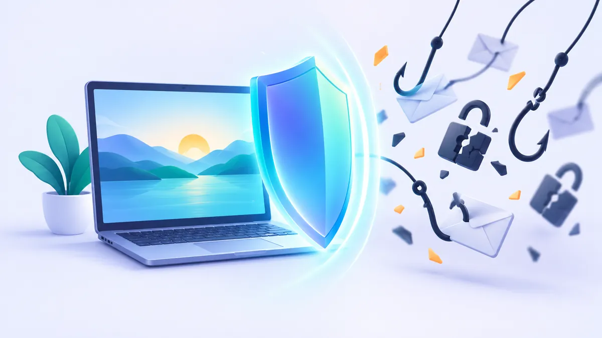 Illustration of a digital shield protecting a user inbox from phishing hooks and breached database icons