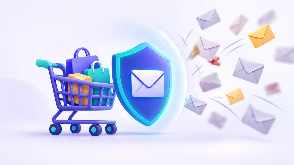 Illustration of an online shopping cart protected by a digital privacy shield blocking promotional mail