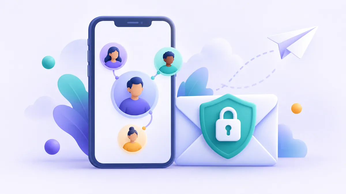 Illustration showing a smartphone with social media icons protected by an email shield instead of a fragile temporary mail envelope