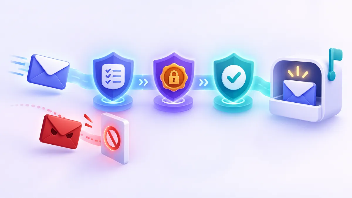 Illustration of an envelope passing through three security checkpoints representing SPF, DKIM, and DMARC before reaching a protected inbox