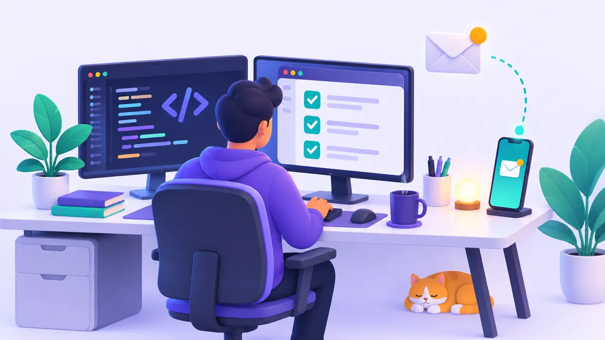 Ilustrasi seorang pengembang perangkat lunak dan QA engineer yang sedang memeriksa alur verifikasi email di layar laptop dan ponsel