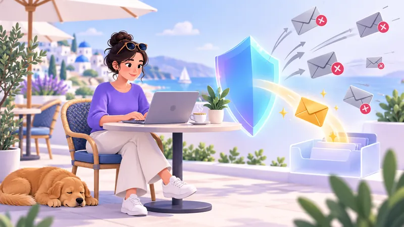 Konzeptionelle Illustration eines aufgeräumten Laptops für digitale Nomaden mit Schutzschild-Symbol