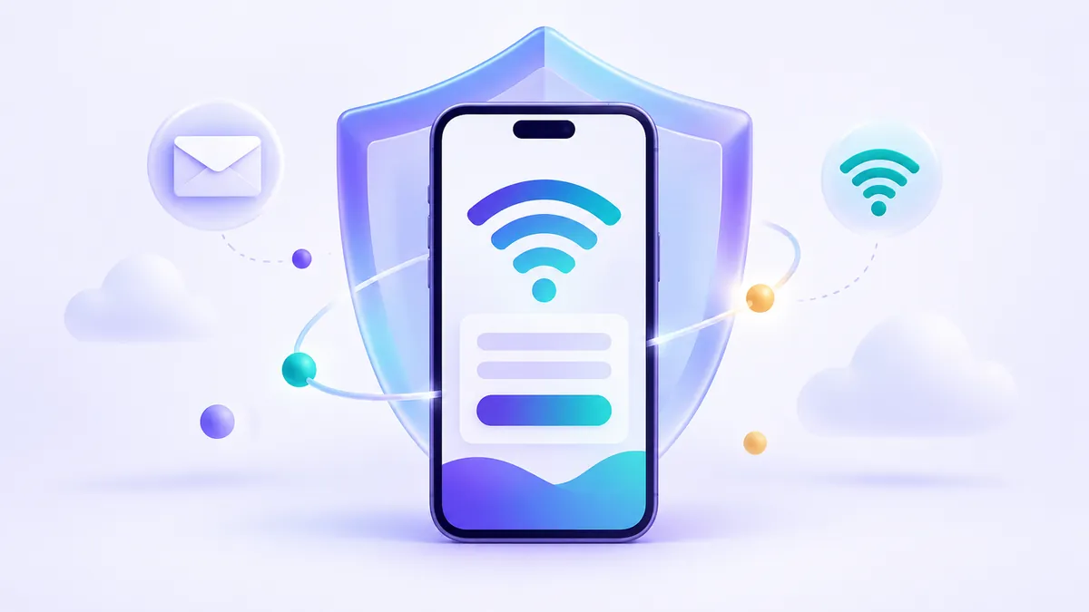 Ilustrasi konsep login aman ke jaringan Wi-Fi publik menggunakan laptop dan ponsel