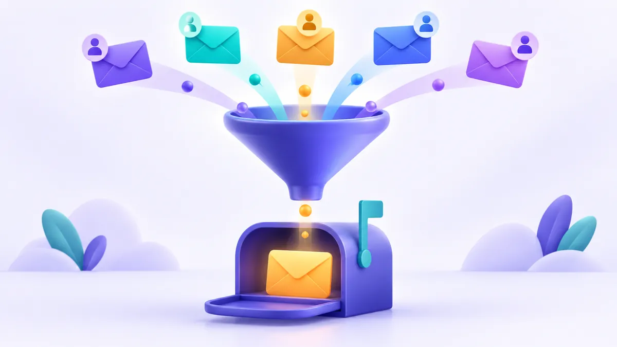 Illustration of an email routing system directing various incoming envelopes into a central catch-all mailbox