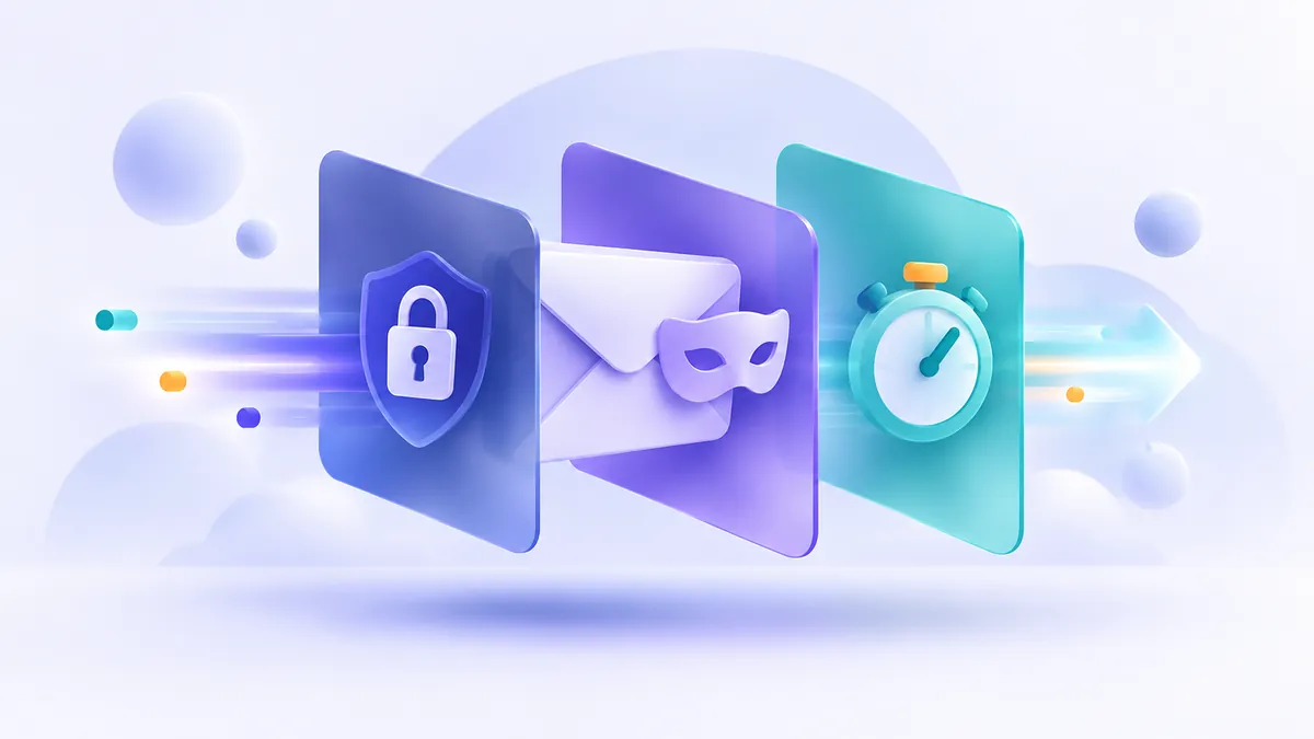Illustration showing four different shields representing encrypted, alias, pseudonymous, and disposable email privacy levels