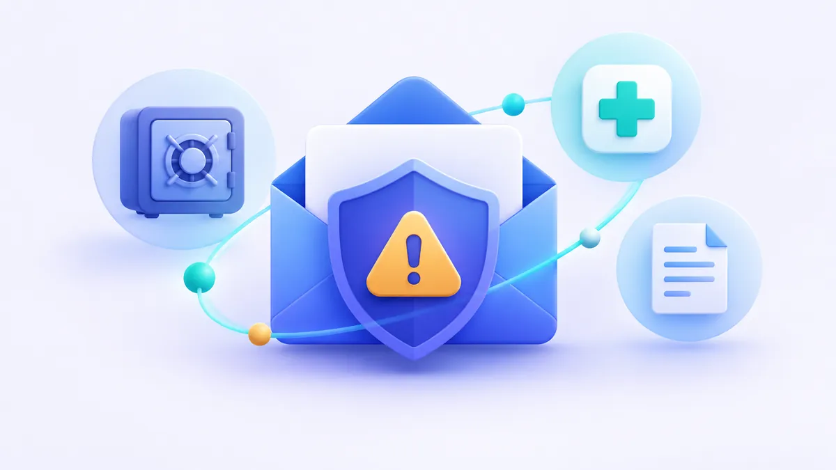 Icona stilizzata di uno scudo protettivo che separa documenti finanziari e medici da caselle email usa e getta