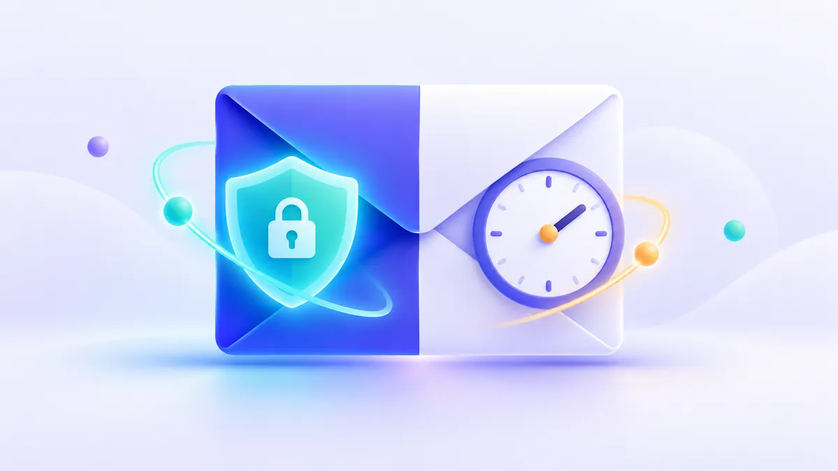 Illustration eines digitalen Wegweisers, der zwischen sicheren privaten Postfächern und schnellen Wegwerf-E-Mails unterscheidet