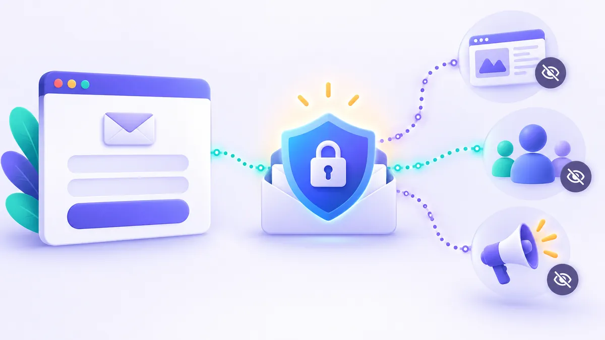 Illustration showing a website login form requesting an email address connected to hidden marketing, tracking, and database icons.