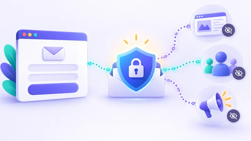 Illustration showing a website login form requesting an email address connected to hidden marketing, tracking, and database icons.